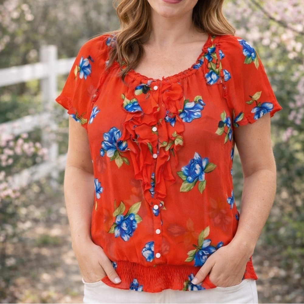 Bold Floral Ruffle Blouse | Gilly Hicks Sydney | Red Blue Floral Top | Sz S